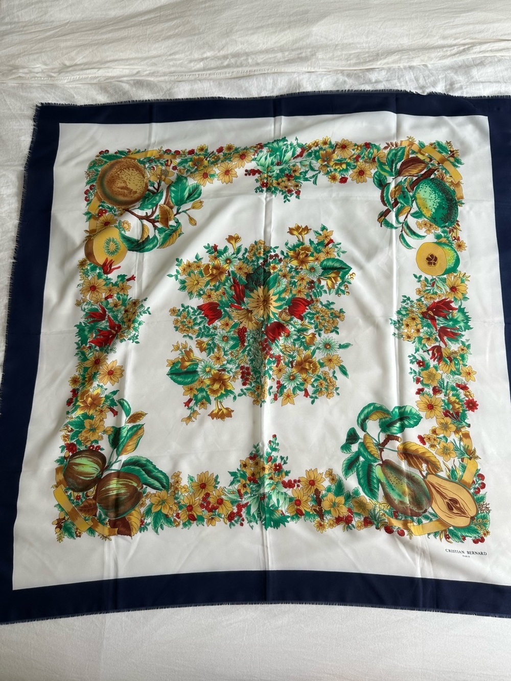 Beautiful Large Floral Printed Scarf - Navy, White, Green, Yellow